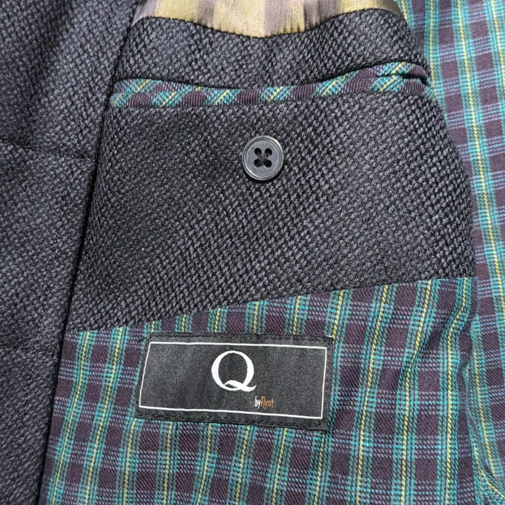 Q Mens Blazer Jacket 44R Navy Blue Zip‎ Inset Wool Plaid Lining Textured Coat